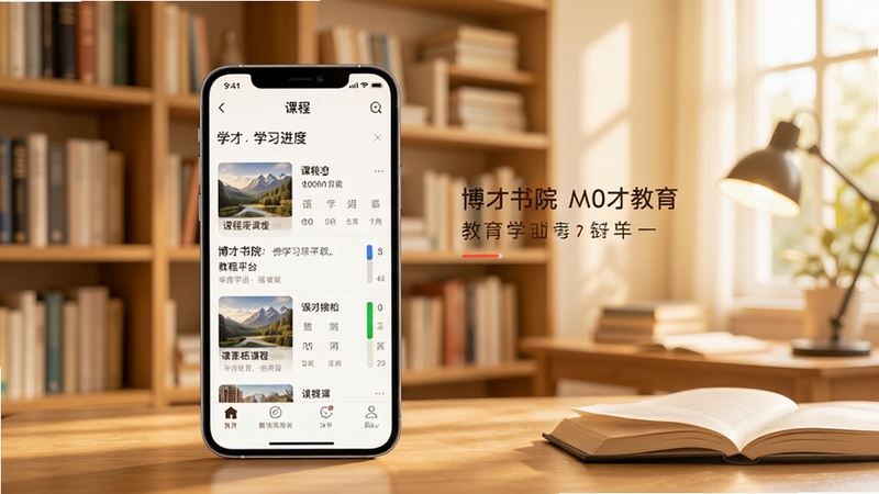 博才书院教育学习平台主界面全景展示,画面中央为手机APP界面,显示课程列表与学习进度条,背景为柔和的书架与学习场景,整体色调温暖明亮,突出教育学习氛围