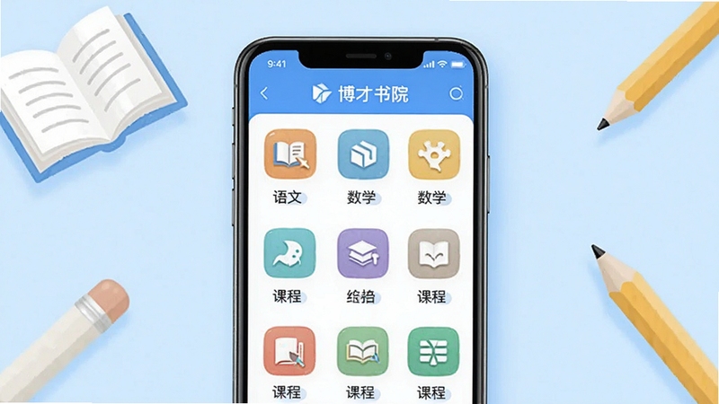 博才书院海量课程资源界面展示,画面主体为手机屏幕中排列整齐的课程卡片,涵盖语文、数学、英语等学科图标,背景为淡蓝色渐变,点缀书本与铅笔元素,整体风格清新简洁