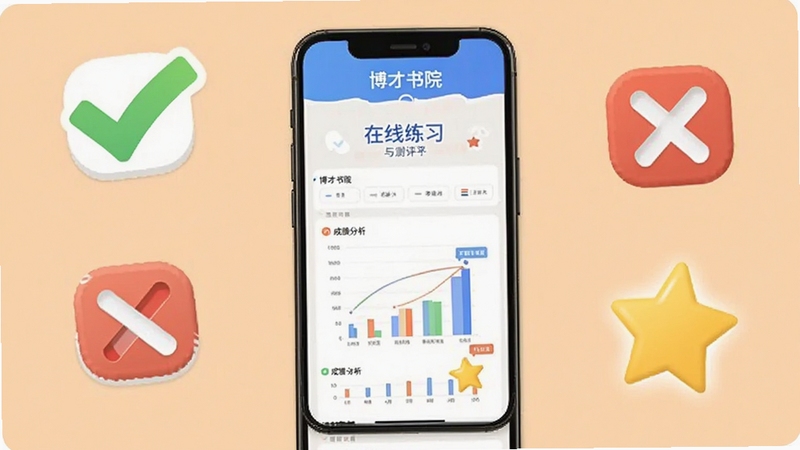 博才书院在线练习与测评界面展示,手机屏幕显示答题界面与成绩分析图表,周围有对勾、错号、星星等图标,背景为浅橙色,突出学习反馈与进步
