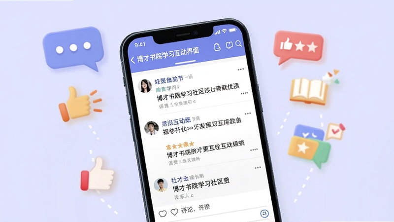 博才书院学习社区互动界面展示,手机屏幕显示社区帖子列表与评论互动区域,周围有对话气泡、点赞手势等图标,背景为浅紫色,体现社交学习氛围