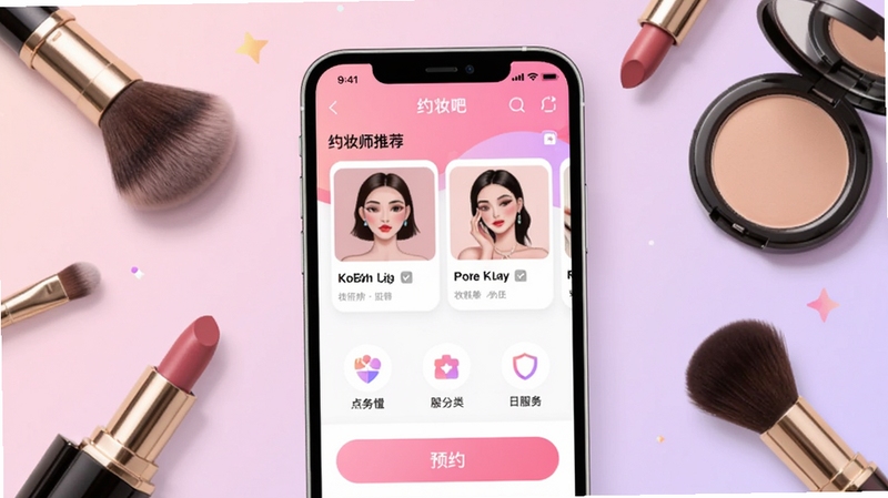约妆吧App主界面展示,画面中央是手机屏幕,屏幕内显示约妆吧软件首页,包含化妆师推荐卡片、服务分类图标和预约按钮,背景为柔和的粉紫色渐变,周围点缀化妆刷、口红、粉饼等美妆元素,整体风格清新时尚,适配Boogu模型生成