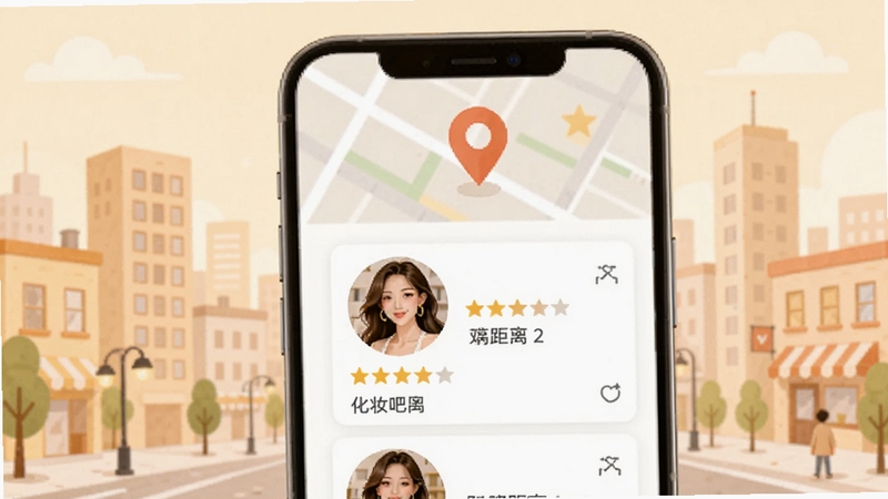 约妆吧附近化妆师列表页面,手机屏幕显示地图定位图标和化妆师头像卡片,卡片上有星级评分和距离标注,背景为城市街区简化插画风格,色调温暖明亮,突出约妆吧的便捷匹配功能