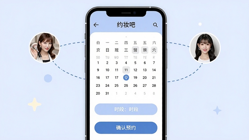 约妆吧在线预约界面,手机屏幕展示日历选择器、时间段按钮和确认预约按钮,画面中有化妆师与用户头像通过虚线连接,背景为淡蓝色简约风格,体现约妆吧的档期管理功能