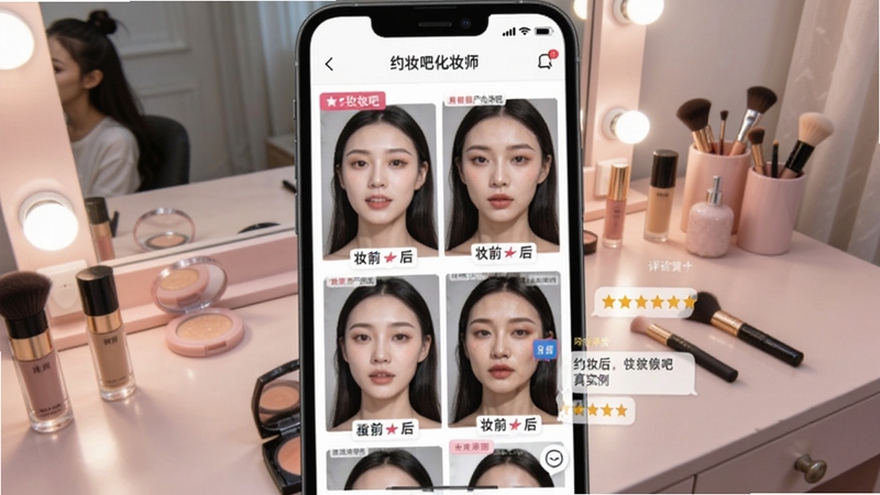 约妆吧化妆师个人主页,手机屏幕显示妆前妆后对比照片墙、五星评分和用户评价文字气泡,背景为浅粉色化妆台场景,有镜子和化妆品摆件,突出约妆吧的真实案例展示
