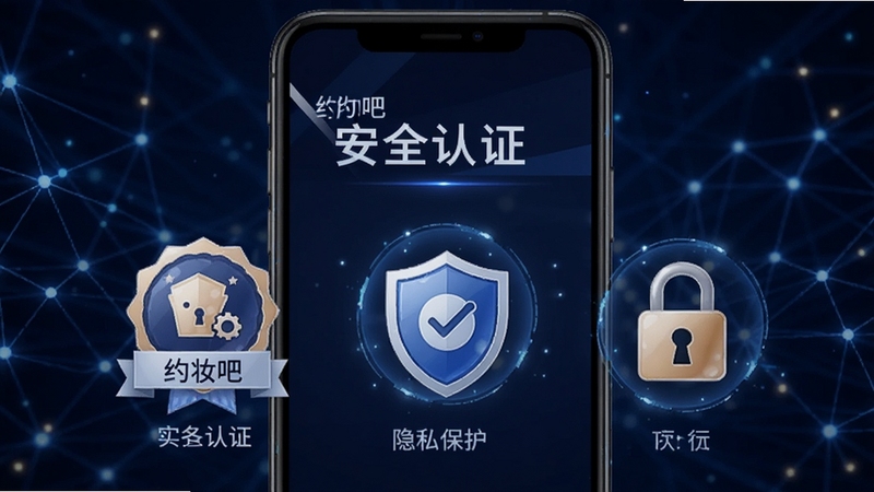约妆吧安全认证页面,手机屏幕显示实名认证徽章、隐私保护盾牌图标和加密锁标志,背景为深蓝色科技感风格,有光点连接成网络,突出约妆吧的安全保障功能