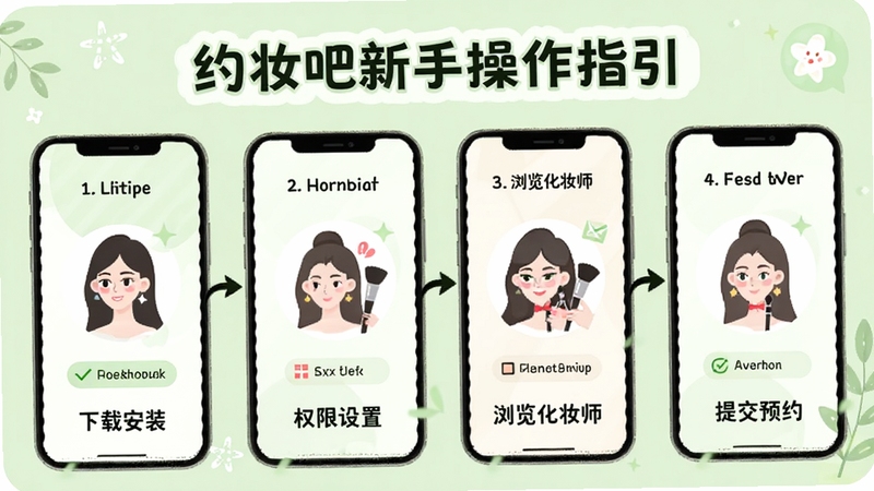 约妆吧新手操作指引图,手机屏幕展示分步操作示意图,包括下载安装、权限设置、浏览化妆师和提交预约四个步骤,每一步有图标和简短文字说明,背景为浅绿色清新风格,突出约妆吧的上手流程