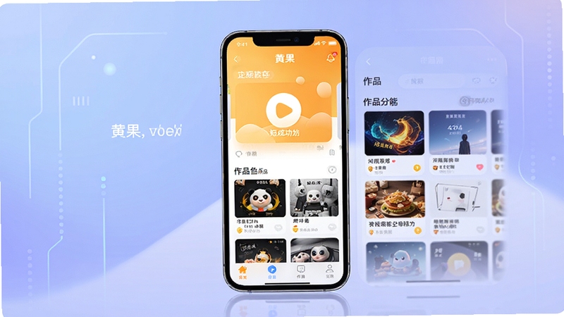 黄果软件主界面全貌展示,画面中央是手机屏幕显示黄果APP首页,背景为柔和蓝紫色渐变,屏幕内展示短剧生成功能入口和作品列表,整体风格科技感与亲和力并存