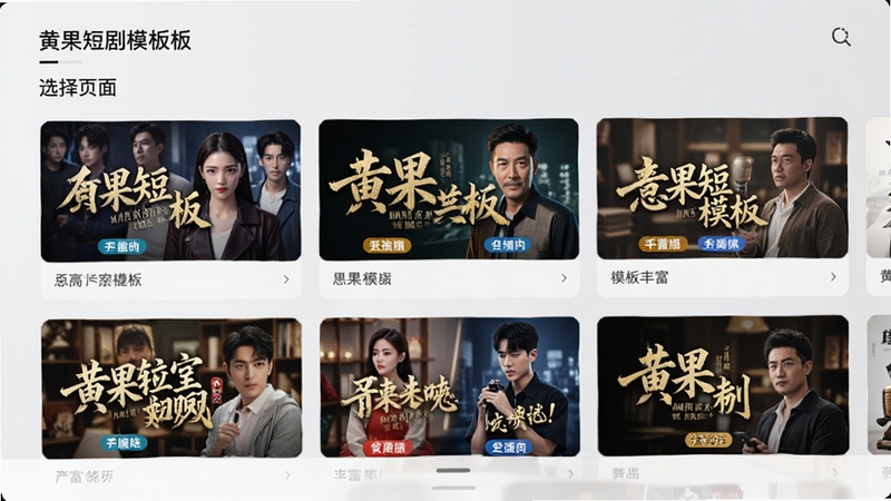 黄果短剧模板选择页面,画面展示多个短剧封面卡片整齐排列,每张卡片带有不同题材标签,背景为浅灰色极简风格,突出模板丰富多样
