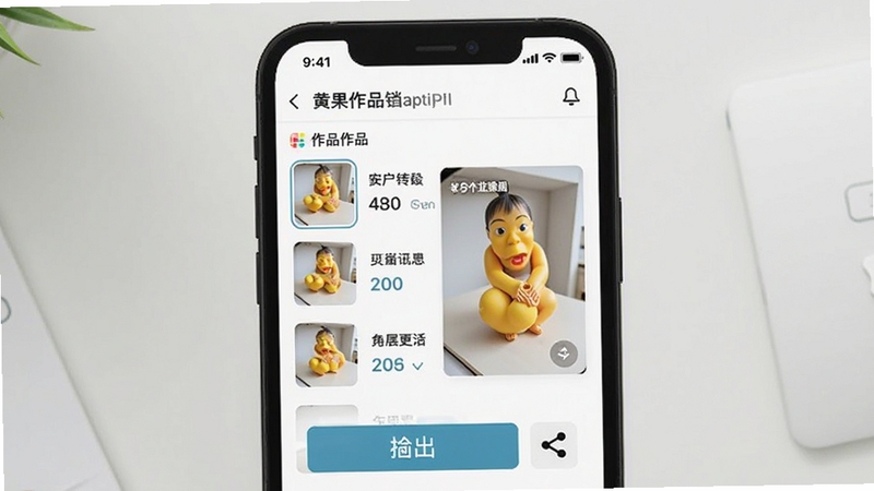 黄果作品管理界面,手机屏幕显示作品列表和预览窗口,画面中有导出按钮和分享图标,背景为清爽白色调,突出便捷管理的使用体验