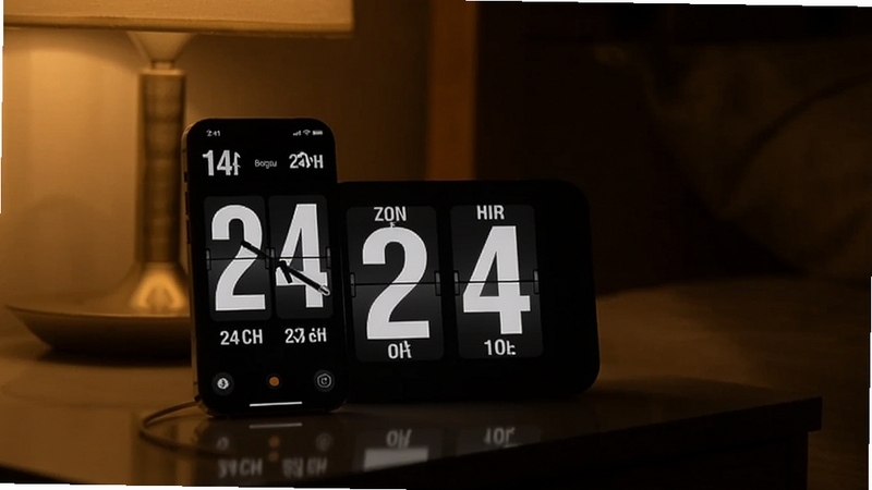 翻页时钟24H在夜间床头柜上的使用场景,手机屏幕显示翻页时钟24H的全屏界面,周围环境昏暗,屏幕光线柔和照亮局部区域,画面主体为手机屏幕,背景区域为卧室床头柜与台灯轮廓,适配Boogu模型生成