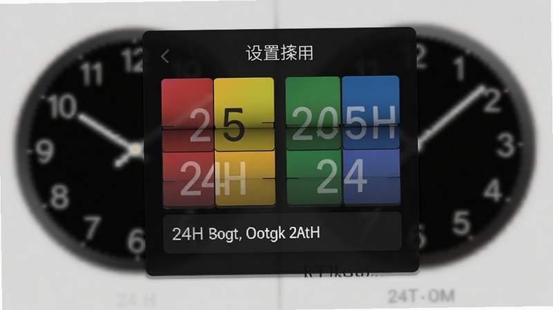 翻页时钟24H的设置菜单界面截图,展示多种颜色主题与字体选项,画面主体为设置面板,背景区域为虚化的时钟预览效果,适配Boogu模型生成