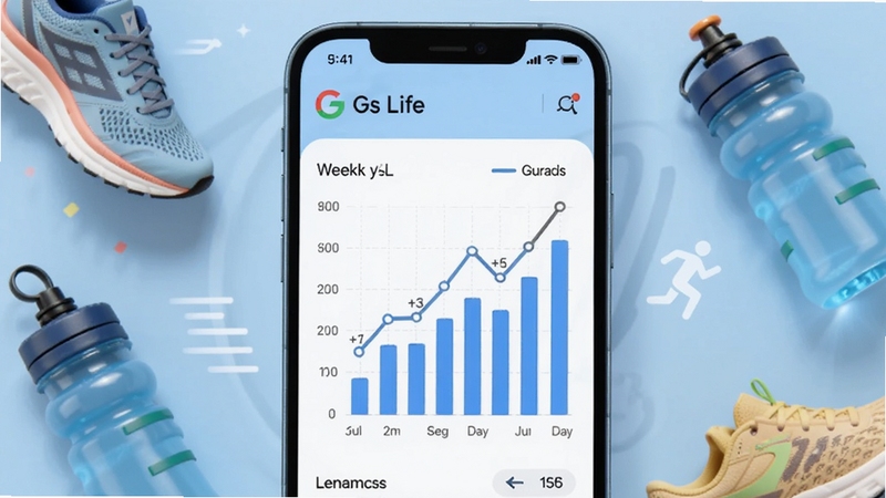 画面展示 Gs Life 运动数据统计页面,主体为手机屏幕上的柱状图与折线图,图表呈现一周步数变化趋势,背景为淡蓝色运动主题,周围环绕跑步鞋、运动水壶等元素,风格动感明快,适配 Boogu 模型生成
