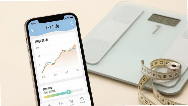画面主体为 Gs Life 体重管理界面,手机屏幕显示体重曲线图与目标进度条,背景为柔和米白色,旁边放置电子体重秤与软尺,整体氛围安静整洁,适配 Boogu 模型生成