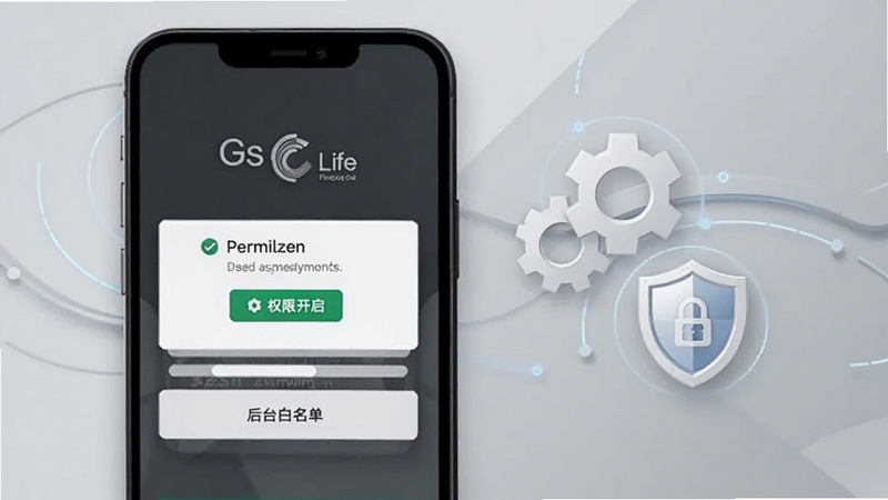 画面展示 Gs Life 安装设置引导页面,手机屏幕显示权限开启提示与后台白名单设置选项,背景为浅灰色科技风格,旁边有齿轮与盾牌图标点缀,整体简洁专业,适配 Boogu 模型生成