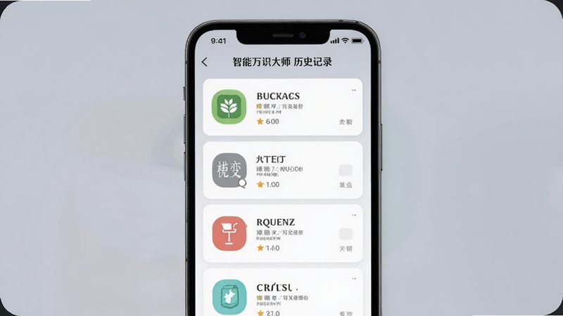 智能万识大师历史记录页面,手机屏幕显示多条识别记录卡片,包含植物、文字、商品等不同类别图标,界面整洁有序,背景为柔和灰色调