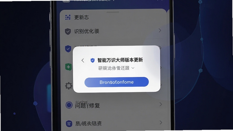 智能万识大师版本更新提示弹窗,手机屏幕上显示更新日志列表,包含识别优化、问题修复等条目,界面风格现代,背景为深色渐变