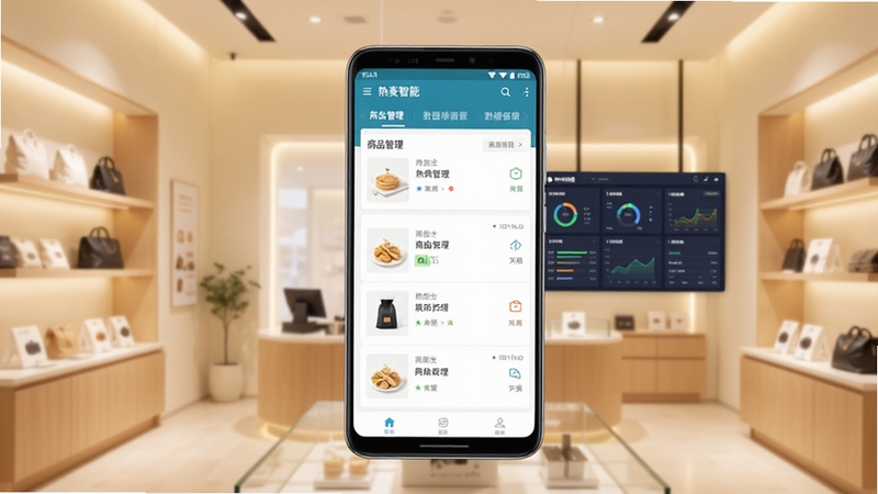 热麦智能 软件主界面展示图,画面中央为一部竖屏安卓手机,手机屏幕内呈现热麦智能应用的商品管理列表与数据看板界面,背景为浅暖色调的现代商铺内景,光线柔和,整体构图干净简洁,突出软件核心功能全貌