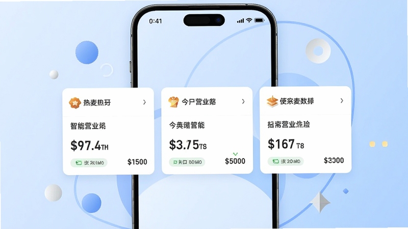 热麦智能 多店铺管理界面示意图,画面中展示一部手机屏幕内并排显示三个店铺卡片,每个卡片标注不同店铺名称与今日营业额,背景为淡蓝色渐变,手机周围环绕简约的几何图形装饰,风格商务清爽
