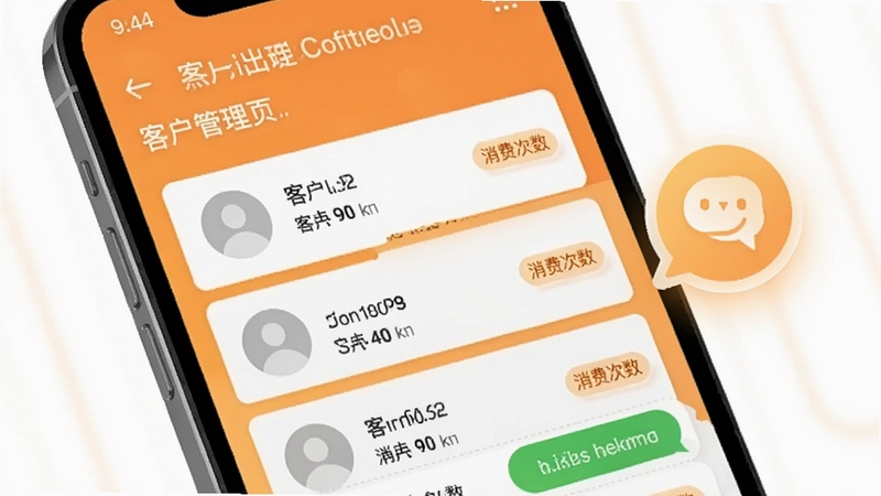 热麦智能 客户管理页面,手机屏幕显示客户列表与消息发送界面,每个客户条目带有头像占位与消费次数标签,背景为暖橙色渐变,画面右侧漂浮一个对话气泡图标,整体氛围亲切友好