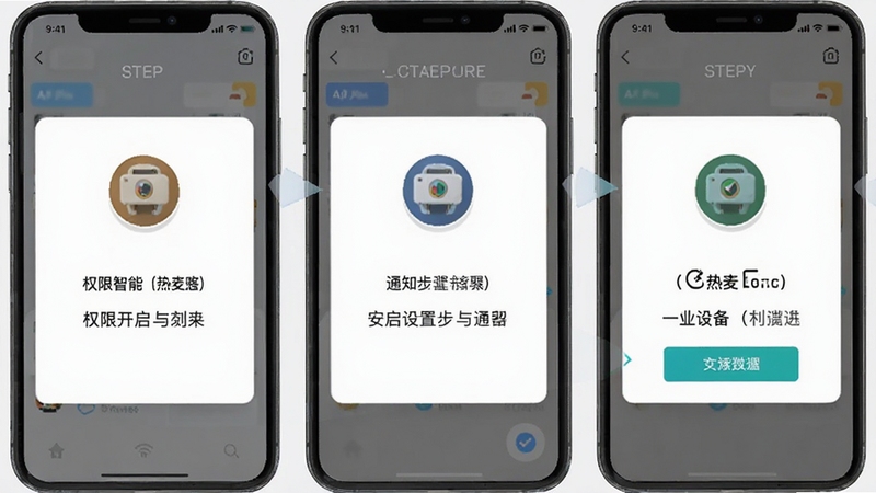 热麦智能 安装设置步骤示意图,画面为手机屏幕截图风格,展示权限开启与通知设置的流程,三个步骤卡片纵向排列,背景为浅灰色,每个卡片带有图标与简短文字说明,风格简洁直观