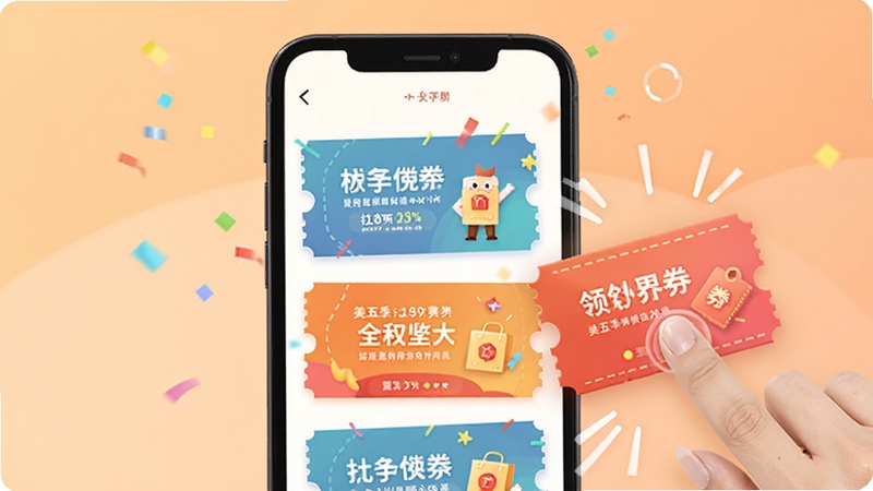 ���弾�Ż�ȯ�ۺ�ҳ��ʾ��ͼ���ֻ���Ļ��չʾ����ɫ�����޵��Ż�ȯ��Ƭ������Ϊ��ͳ�ɫ���䣬��Ļ������ָ�����ȯ�Ķ�Ч�������Χ���ִ���������Booguģ������