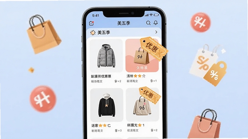 һ����Ϊ���弾���ֻ�Ӧ�ý���չʾͼ�������������ֻ���Ļ��д����Ļ�ڳ�����Ʒ�б����Ż�ȯ��ǩ������Ϊǳ��ɫ���䣬��Χ��׺��������ۿ�ͼ�꣬�������������죬����Booguģ������