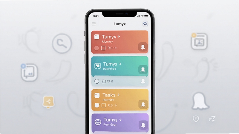 Lumyx�������������������չʾ���ֻ���Ļ������ʾ��ɫ����Ƭ�б�������Ϊǳ��ɫ���䣬������������ͻ����������������ͼ�꣬�������ִ���ƽ��