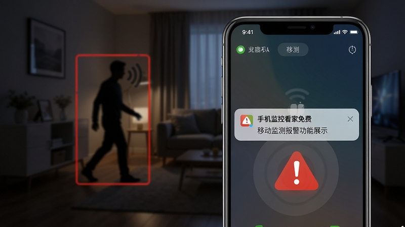 手机监控看家免费移动侦测报警功能展示,画面中一部手机弹出报警通知,背景是昏暗的客厅中有一个移动的人影轮廓被红色方框标记,手机屏幕上有感叹号提醒图标,科技安防风格,写实光影效果,高清细节,软件名称手机监控看家免费出现在通知栏