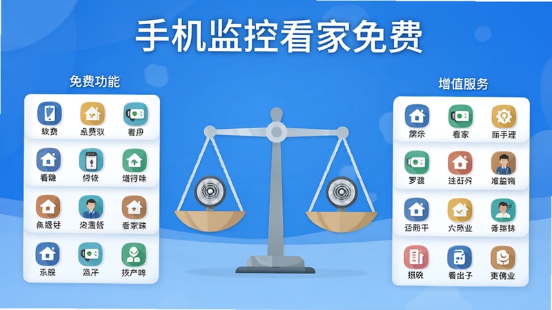 手机监控看家免费软件功能对比示意图,画面左侧是免费版功能图标列表,右侧是增值服务图标,中间用天平图形表示权衡,背景是简洁的蓝色渐变,扁平化设计风格,高清细节,软件名称手机监控看家免费出现在画面顶部