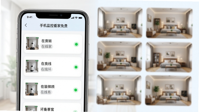 手机监控看家免费多设备管理功能展示,画面中一部手机屏幕显示设备列表,有三台设备在线状态用绿色圆点表示,背景是家庭不同房间的缩略图,整洁有序的界面设计,清新浅色风格,高清细节,软件名称手机监控看家免费出现在列表标题处