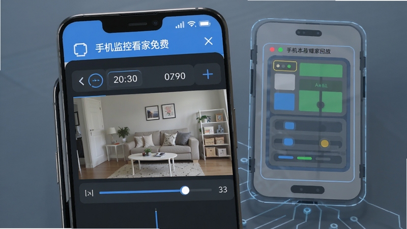 手机监控看家免费本地存储回放功能展示,手机屏幕显示录像回放时间轴界面,画面中有日期选择器和进度条,背景是手机存储空间示意图,简洁科技风格,蓝灰色调,高清细节,软件名称手机监控看家免费显示在界面顶部