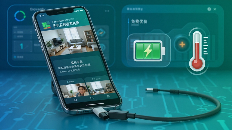 手机监控看家免费采集端功耗优化示意图,画面中一部手机连接充电线正在运行监控软件,旁边有电池图标和温度计图标,背景是简洁的科技风格界面,蓝绿色调,高清细节,软件名称手机监控看家免费显示在手机屏幕上