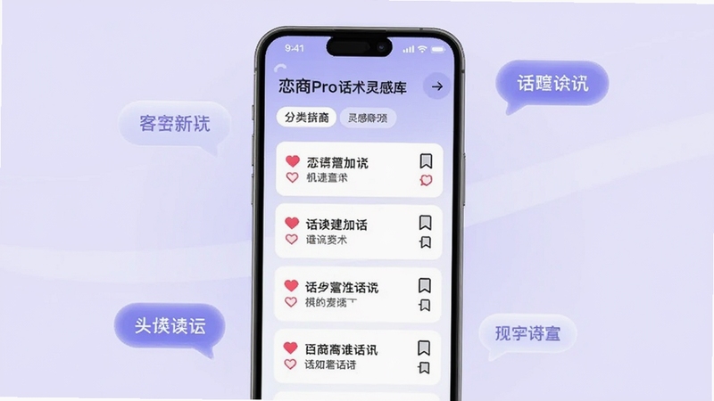 恋商Pro话术灵感库页面,手机屏幕展示分类标签和话术卡片列表,卡片上有爱心和书签图标,背景是浅紫色渐变,周围漂浮着文字气泡,整体视觉清爽,突出知识库的丰富感