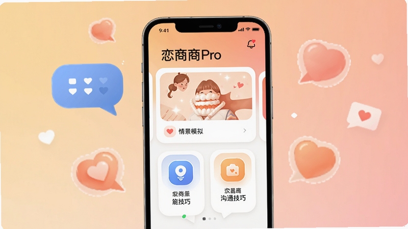 恋商Pro软件主界面展示,画面中央是手机屏幕,屏幕内呈现恋商Pro的首页布局,包含情景模拟卡片和沟通技巧图标,背景是柔和的暖色调渐变,周围点缀着对话气泡和爱心元素,整体风格清新现代,适合Boogu模型生成
