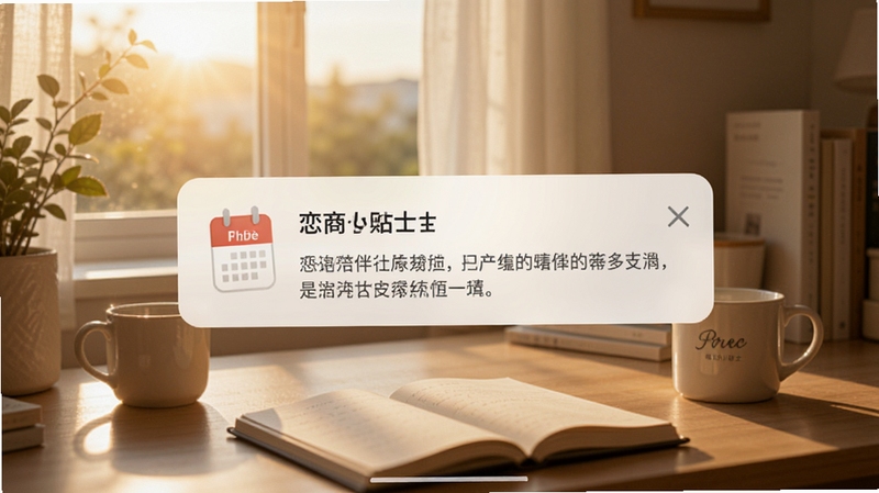 恋商Pro每日小贴士推送界面,手机屏幕弹出通知卡片,卡片上有日历图标和一句温馨建议,背景是清晨窗边的书桌,阳光洒入,氛围安静治愈,强调日常陪伴感