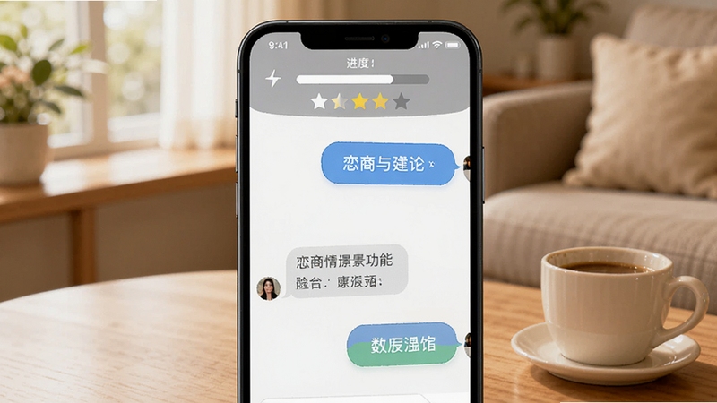 恋商Pro情景模拟功能界面,手机屏幕显示一个聊天对话场景,左右两侧有选项按钮,屏幕上方有进度条和评分星级,背景是温馨的室内环境,桌上放着咖啡杯,画面明亮柔和,体现互动练习的氛围
