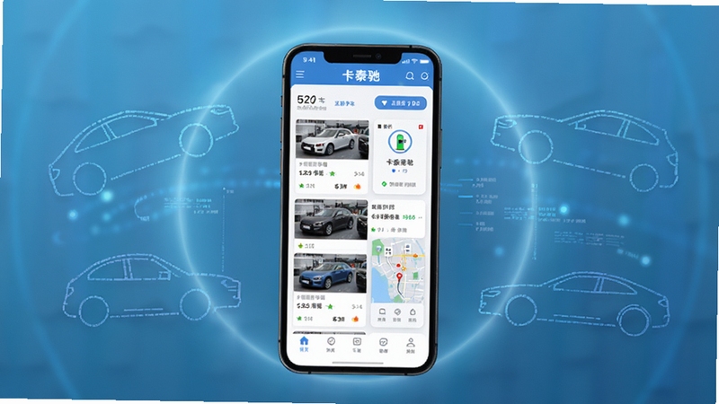 卡泰驰软件主界面全景展示,画面中央为手机屏幕呈现卡泰驰应用首页,背景为浅蓝色渐变科技感光晕,屏幕内显示二手车列表与充电桩地图入口,四周环绕汽车轮廓线条与数据流元素,整体风格简洁现代,适配Boogu模型生成