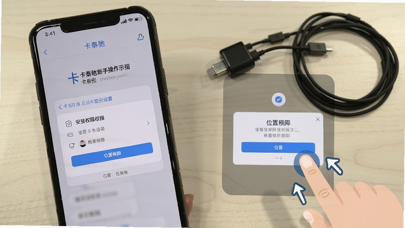 卡泰驰新手操作指引示意图,手机屏幕显示安装权限设置页面与位置权限弹窗,旁边有手指点击的动画示意,背景为浅色桌面与充电线,画面简洁清晰,适合新手查看
