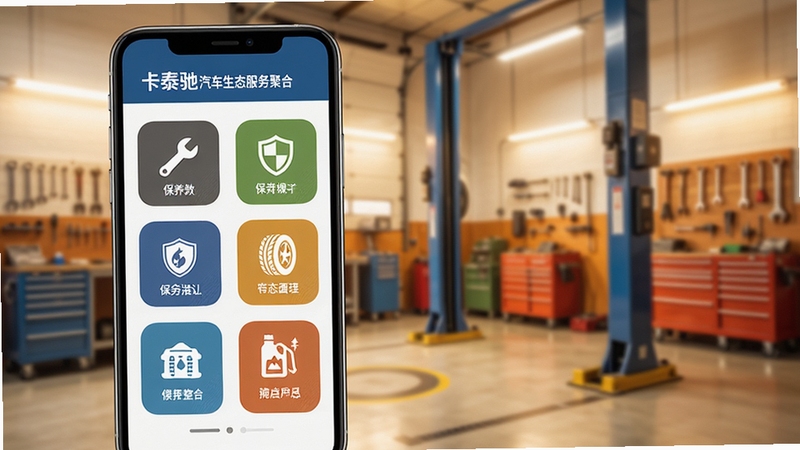 卡泰驰汽车生态服务聚合页面,手机屏幕内呈现网格状功能图标,包括保养扳手、保险盾牌、轮胎、机油等元素,背景为虚化的汽车维修车间,工具摆放整齐,色调温暖明亮,突出服务整合的便捷感