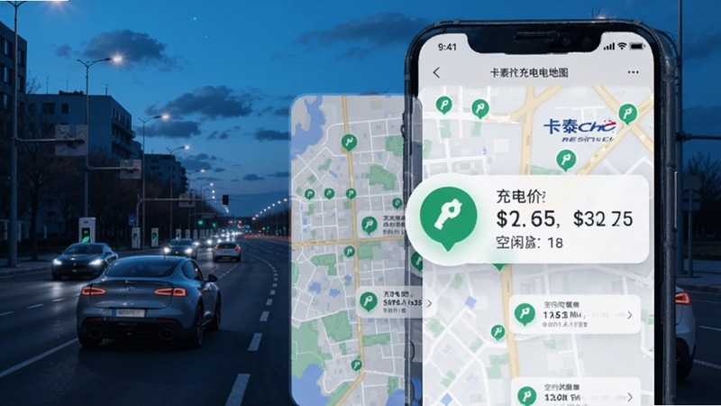 卡泰驰充电桩地图界面,手机屏幕显示城市地图上分布着多个绿色充电桩图标,其中一个图标被放大展示充电价格与空闲数量,背景为傍晚城市道路与行驶中的电动汽车,画面色调偏冷蓝科技感