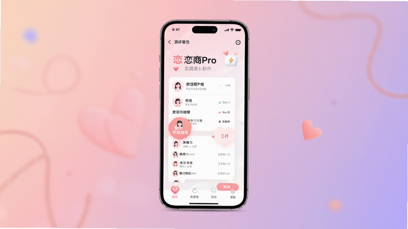 恋商Pro 恋商Pro软件主界面与功能模块展示图,画面主体为一部竖屏手机,屏幕显示测评报告与训练卡片,背景为柔和渐变粉紫色调,整体风格简约温暖,突出情感成长氛围