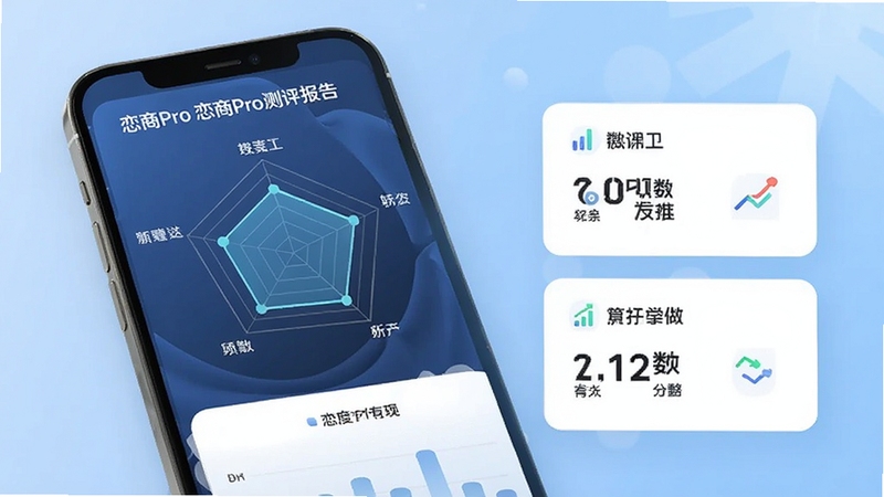 恋商Pro 恋商Pro测评报告页面,手机屏幕显示雷达图与分数卡片,背景为浅蓝色渐变,画面干净清爽,突出数据可视化效果