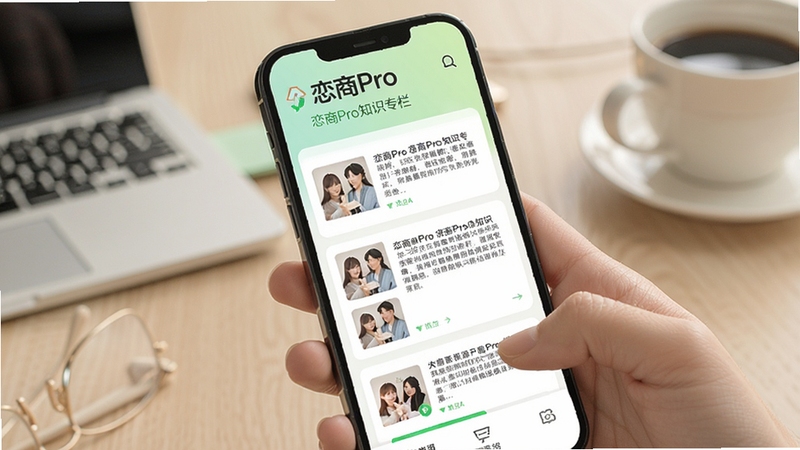 恋商Pro 恋商Pro知识专栏页面,手机屏幕显示文章列表与阅读进度,背景为淡绿色渐变,画面清新舒适,突出学习阅读场景