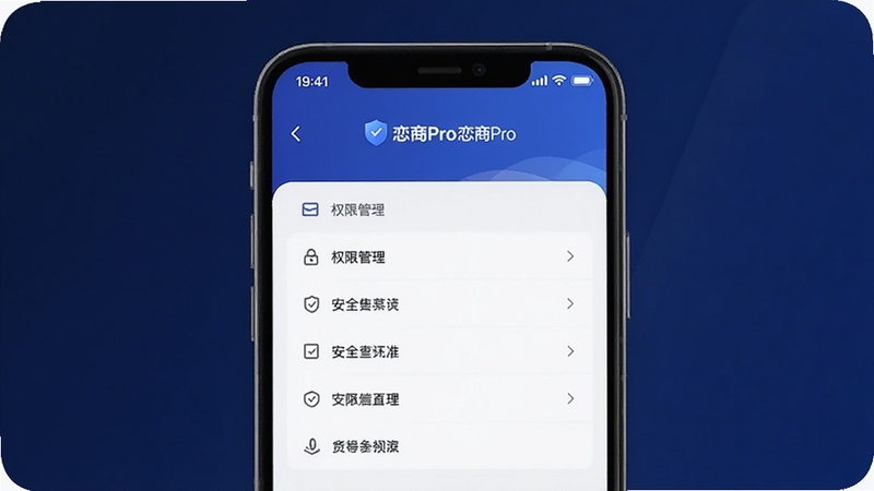 恋商Pro 恋商Pro隐私安全设置页面,手机屏幕显示权限管理选项,背景为深蓝色渐变,画面沉稳专业,突出安全防护主题