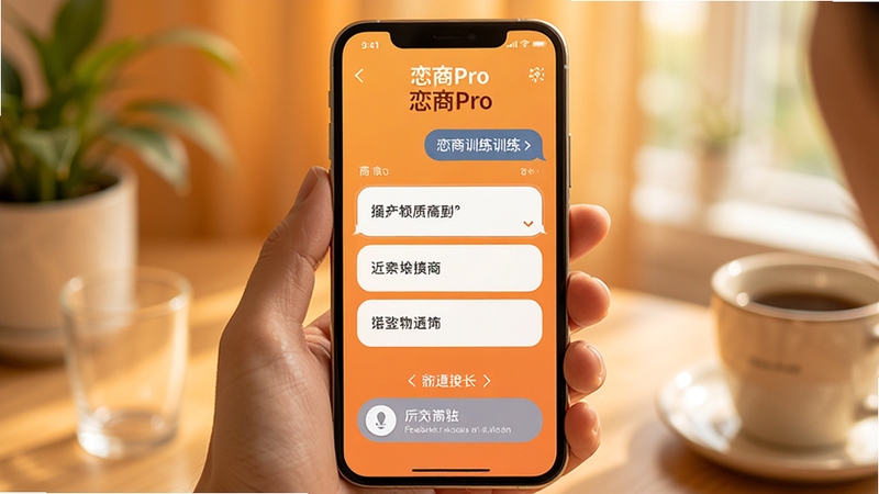 恋商Pro 恋商Pro场景训练界面,手机屏幕显示对话选项与反馈提示,背景为暖橙色渐变,画面温馨自然,体现互动学习氛围