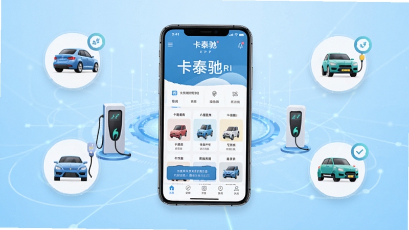 卡泰驰软件主界面全景展示,画面中央为手机屏幕呈现卡泰驰APP首页,背景为浅蓝色渐变科技风,周围环绕汽车、充电桩、二手车图标等元素,整体风格简洁明快,适配Boogu模型生成
