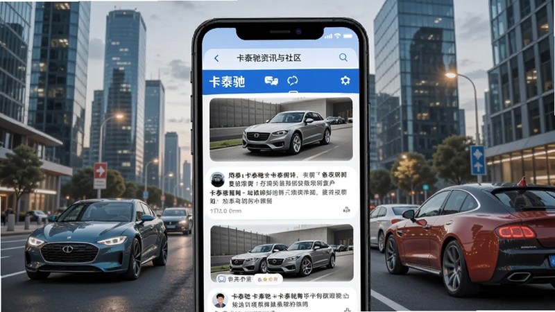 卡泰驰资讯与社区页面,手机屏幕显示汽车新闻列表与用户互动评论区,背景为现代都市街景与汽车,画面中有卡泰驰标识,风格活泼亲切