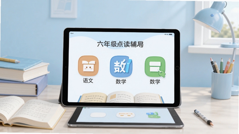 六年点辅软件主界面展示,画面中央为六年级点读辅导应用首页,包含语文数学英语学科图标,背景为浅蓝色学习场景,书桌上有课本与平板设备,整体风格清新简洁,适配Boogu模型生成