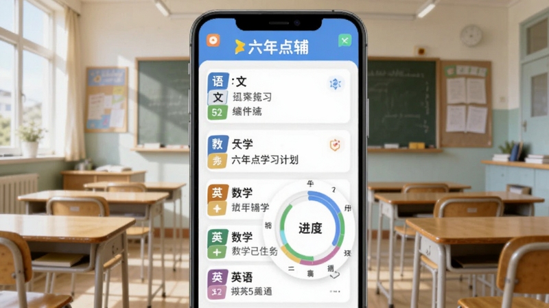 六年点辅学习计划界面,画面展示手机屏幕上的学习计划列表与进度环形图,包含语文数学英语科目任务,背景为明亮教室场景,软件名称六年点辅出现在界面顶部,适配Boogu模型生成