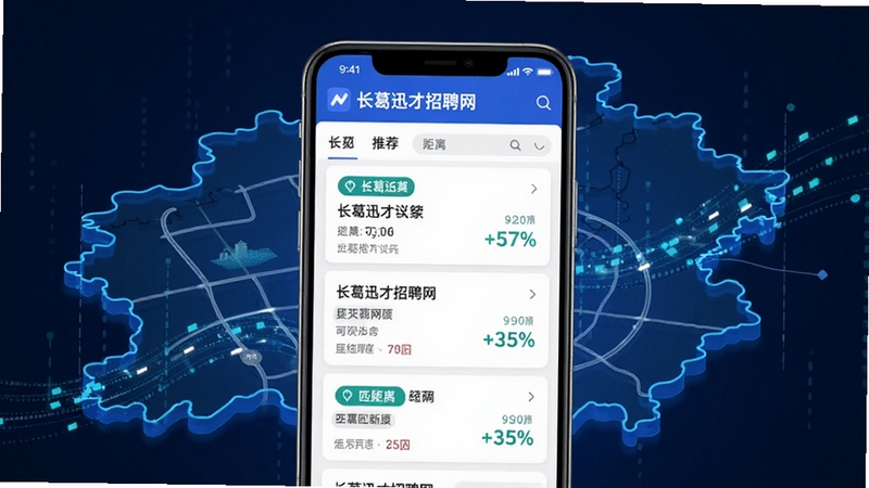 长葛迅才招聘网 智能推荐功能展示图,画面中央是手机屏幕特写,屏幕内显示长葛迅才招聘网的职位推荐列表,每个职位卡片带有距离标签和匹配度百分比,背景是长葛市地图轮廓与数据流线条,风格科技感与亲和力并存